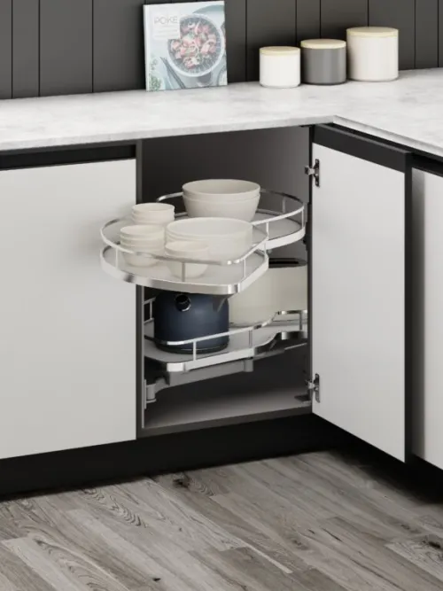 Slepý roh Wireli Swing, 450 ľavý, 2x polica Elegance biele dno/reling chróm