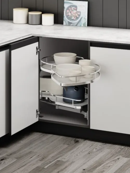 Slepý roh Wireli Swing, 450 pravý, 2x polica Elegance biele dno/reling chróm