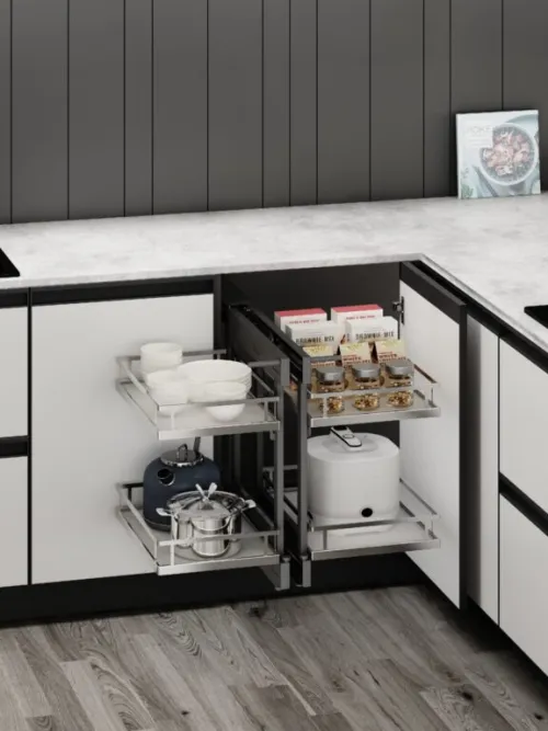 Slepý roh Wireli Corner MAX, 450 Ľ/P, 4x kôš Elegance biele dno/reling chróm