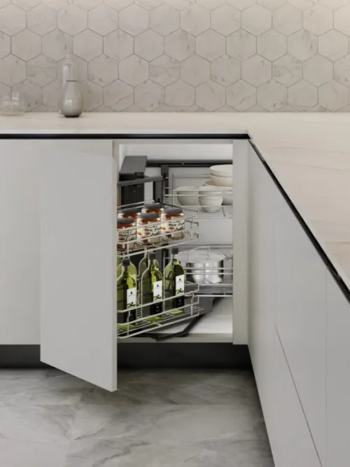 Slepý roh Wireli Corner, 400 ľavý, 4x kôš Komfort drôtený chróm