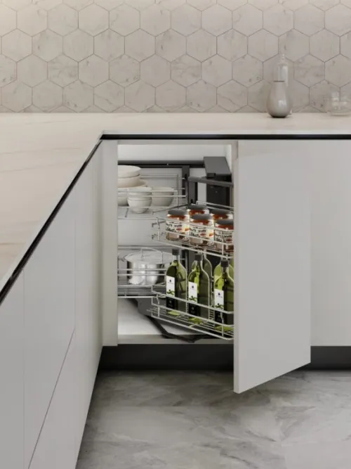 Slepý roh Wireli Corner, 400 pravý, 4x kôš Komfort drôtený chróm