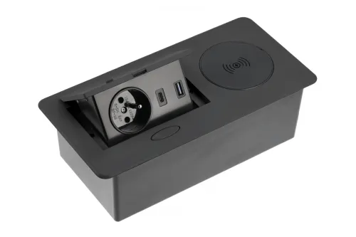 El. zásuvka AVARO PLUS 1x230V/USB A+C/bezdrôtové nabíjanie čierna