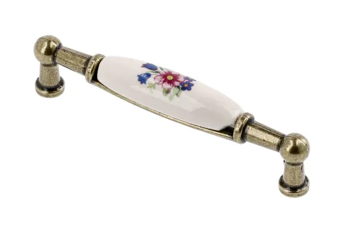 Úchytka 0728-BR 96 starozlatá/porcelán s motívom kvet